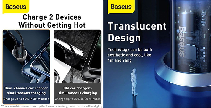 Baseus Dual Quick Car Charger type C dan USB 65